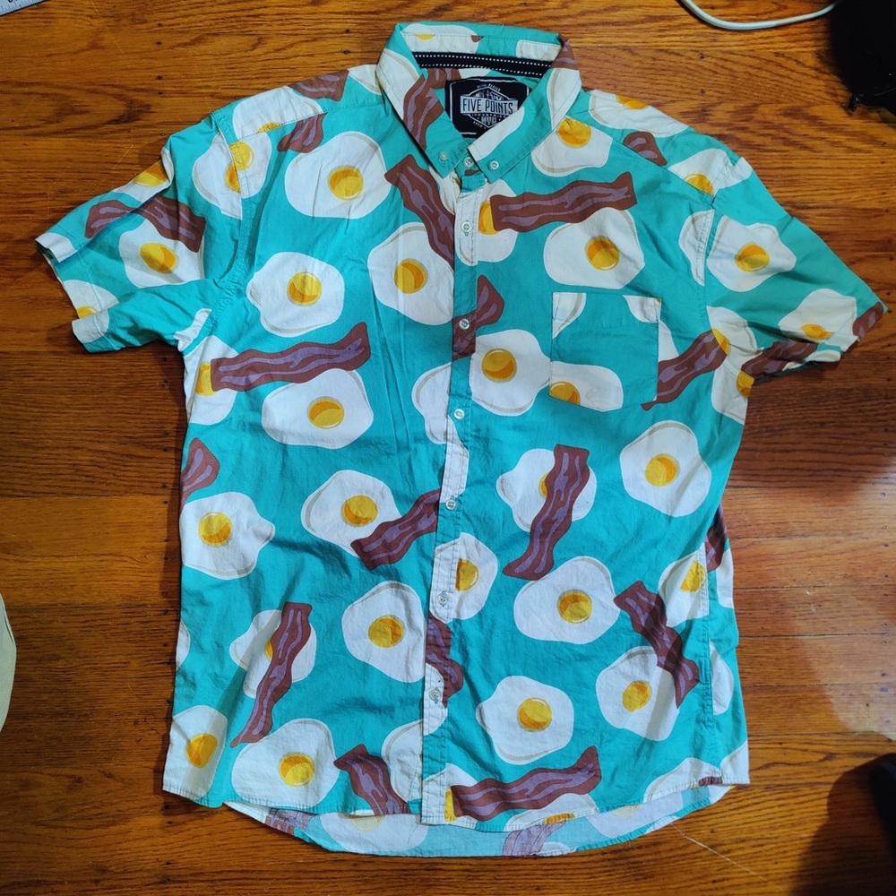 Bacon and eggs breakfast five points button up short sleeve shirt.